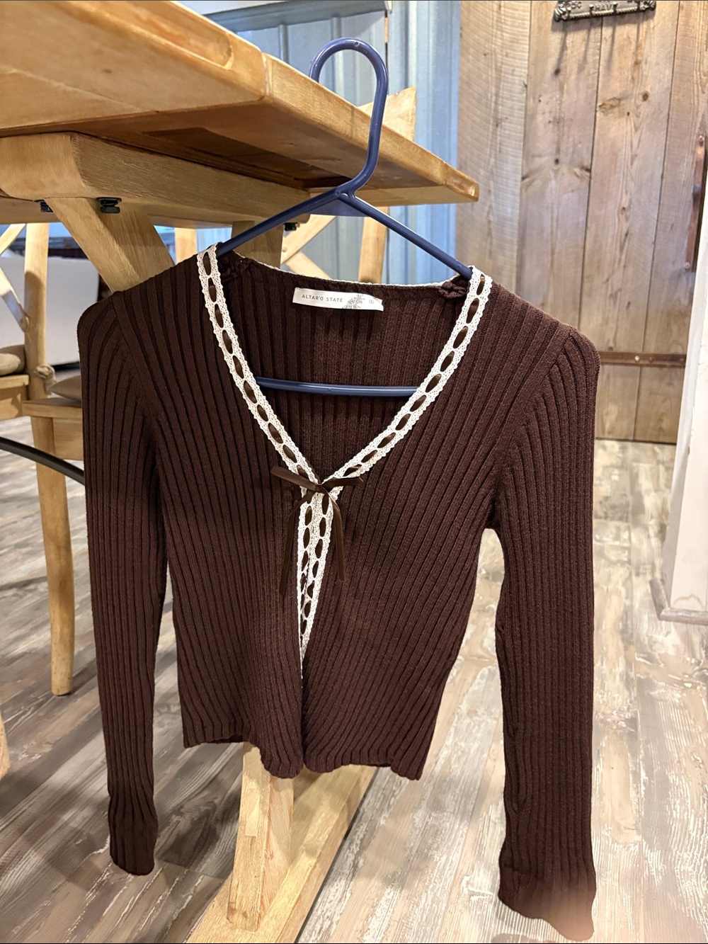 Brown Ribbed Knit Cardigan by Altar’d State with Lace Trim